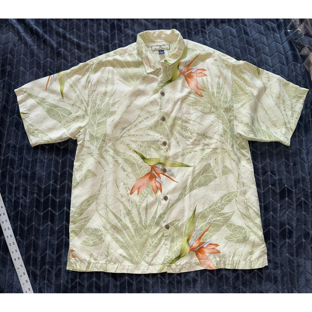 Tommy Bahama Mens Hawaiian Shirt Green Floral Silk Size‎ Large